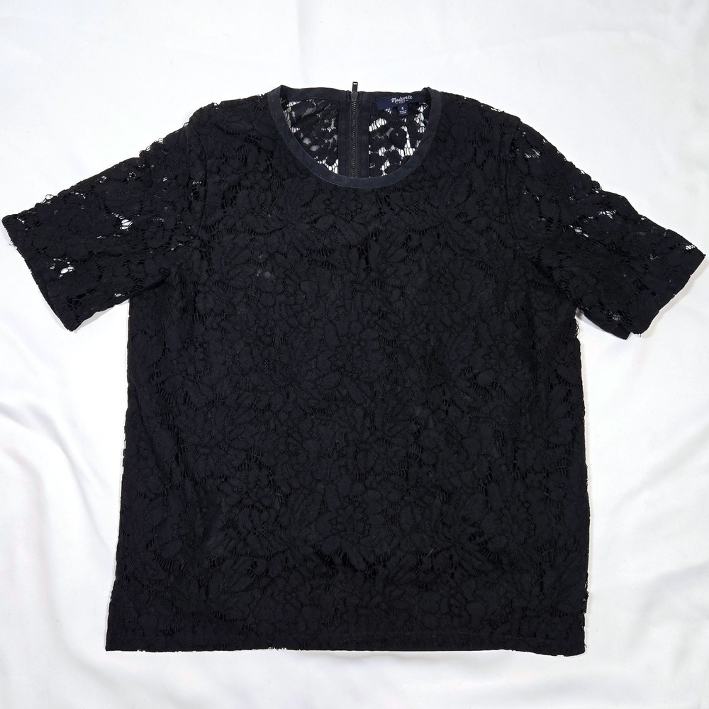 Madewell Top S Black Floral Lace Short Sleeve Exposed Back Zip Blouse E4942